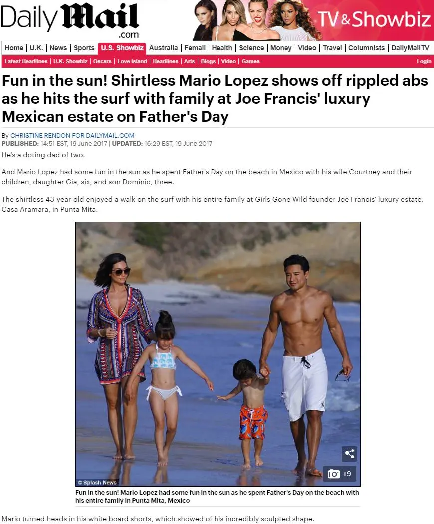 Fun in the sun! Shirtless Mario Lopez shows off rippled abs as he hits the surf with family at Joe Francis' luxury Mexican estate on Father's Day